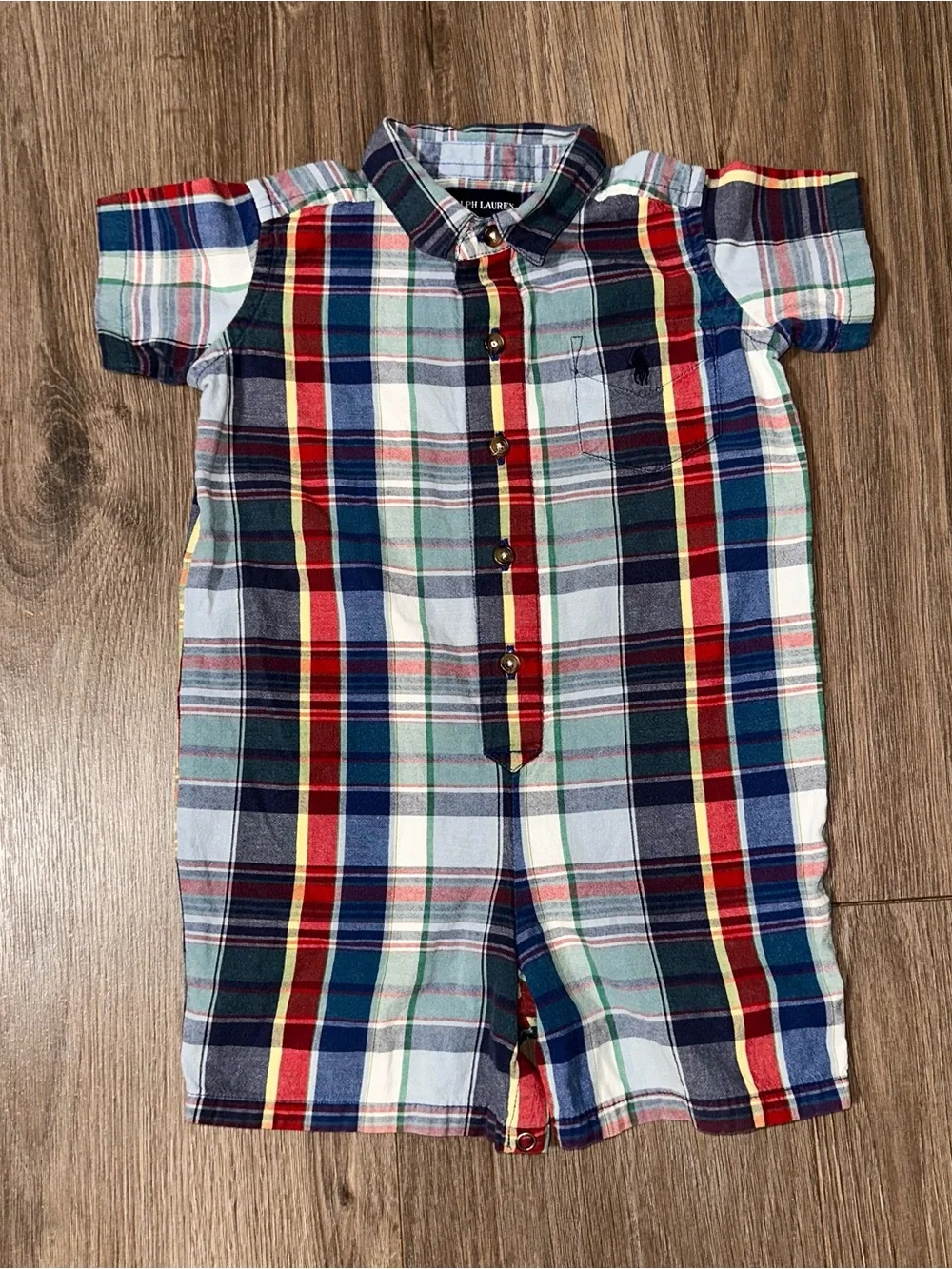 RL Baby Boy Navy Blue Plaid Cotton Romper Poplin Button Tag Detail 18-24 Months